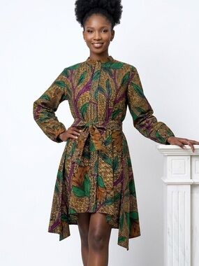 Besida African Print Belted Shirt Dress in Green, Brown and Red